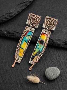 Southwestern Boho Statement Drop Earrings Copper Silver Tone Resin Art 2.2"L
